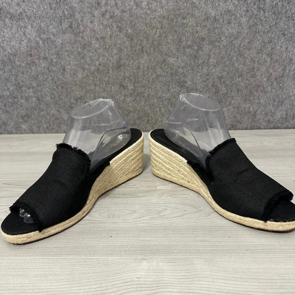 Lauren Ralph Lauren Carlynda Espadrille Wedge Women 11 Blk Linen Frayed Sandals
